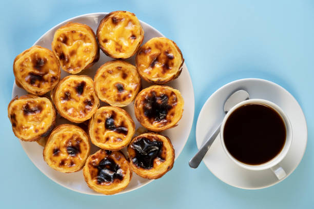 istock A dozen Pastel de Belem (also called Pasteis de Belem or Portuguese Egg Tarts) on a white plate and light blue background beside a cup of coffee. Food Flat Lay top down view. 1281302882