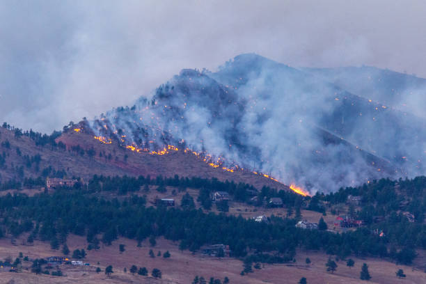 Fires Burn in the Foothills from the Cal Wood Fire Fires burn down the foothills of the Front Range with nearby homes under threat from the Cal Wood fire, the largest wildfire in Boulder County history. foothills photos stock pictures, royalty-free photos & images