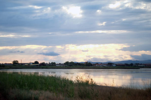 the salty lake Pomorie. View over an artificial pond from which salt is extracted in Bulgarian city Pomorie.