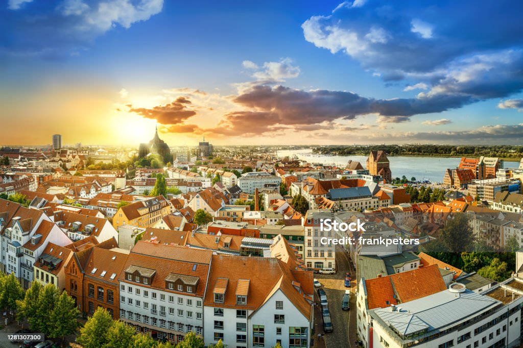 Rostock panoramic view at the city center of rostock while sunset Rostock Stock Photo