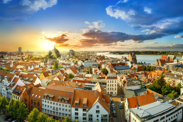 Rostock panoramic view at the city center of rostock while sunset rostock photos stock pictures, royalty-free photos & images