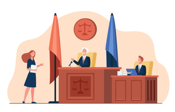Female attorney standing in front of judge and talking Female attorney standing in front of judge and talking isolated flat vector illustration. Cartoon courtroom or courthouse during trial. Justice and law concept lawyer illustrations stock illustrations