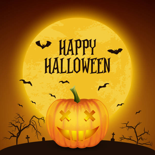 istock Happy Halloween Banner with Pumkin. Vector Glossy Cartoon Halloween Pumkin Lantern with Funny Face on Dark Night Cemetery Background. Front View. Design Template. Autumn Holidays, Halloween Concept 1281307721