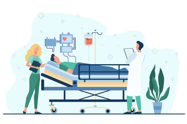 Doctor and nurse giving medical care to patient in bed Doctor and nurse giving medical care to patient in bed isolated flat vector illustration. Cartoon medicine specialists giving support for man. Intensive therapy and healthcare concept hospital illustrations stock illustrations
