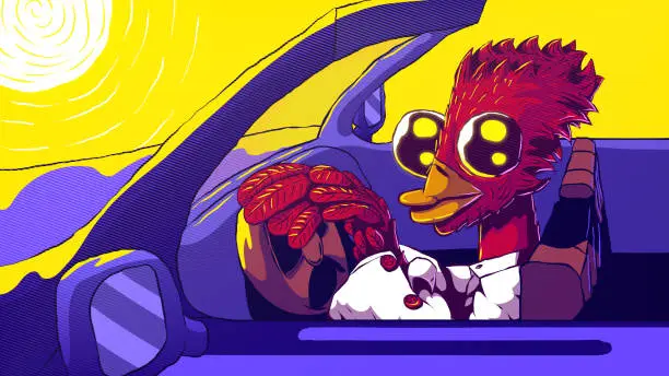 Vector illustration of Hand-drawn vector cartoon illustration - Anthropomorphic bird driving a car.