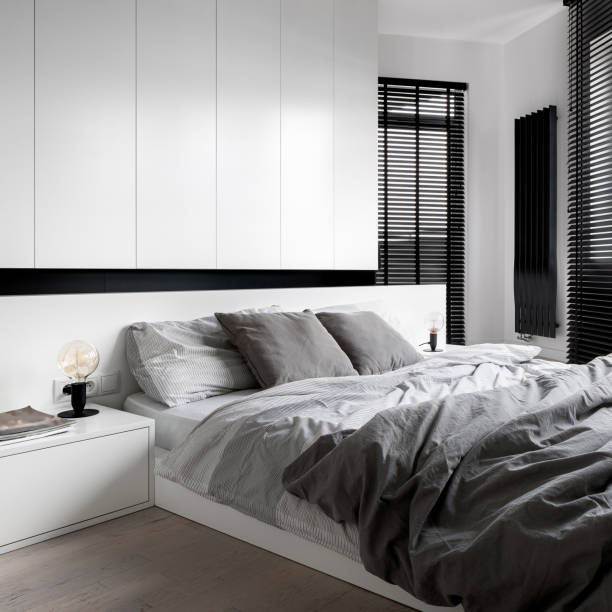 istock Black, white and gray bedroom 1281309671