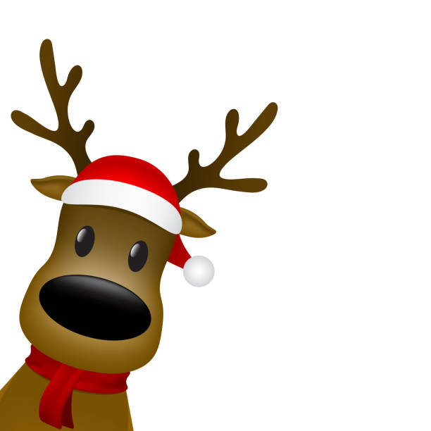 istock Christmas reindeer with a scarf and a santa claus hat on a white background. Vector illustration for a festive design 1281310019