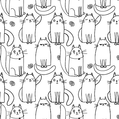 Seamless pattern with cute cats. Hand drawn vector illustration. Perfect for kids apparel,fabric, textile, nursery decoration,wrapping paper.