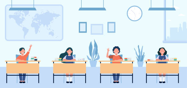 Happy pupils studying in classroom Happy pupils studying in classroom isolated flat vector illustration. Cartoon children characters sitting at tables in school lesson. Study, exam and interior clipart concept student desk stock illustrations
