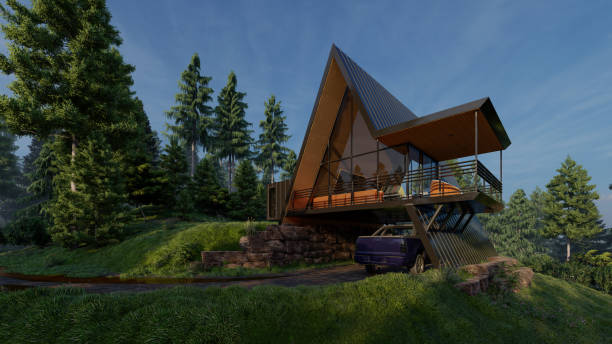 istock Modern House with a Triangular Roof in the Middle of Trees in Natural Daylight 1281312433