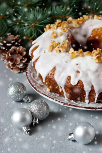 Traditional homemade  cake  with dried fruits and nuts. Christmas concept