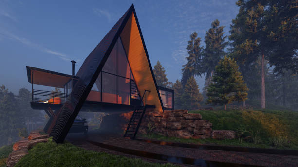 istock Triangle Shaped House Design with a Garage Underneath in the Early Morning 1281312959