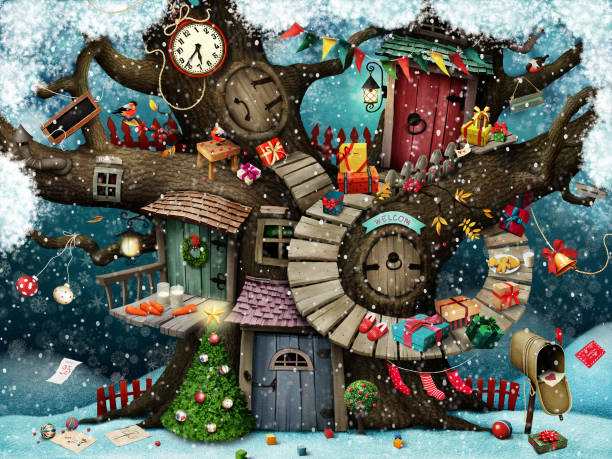 Christmas in the forest Festive greeting card or poster congratulation Merry Christmas with tree in the forest and Christmas elements. Computer graphics. fairy tale village stock illustrations