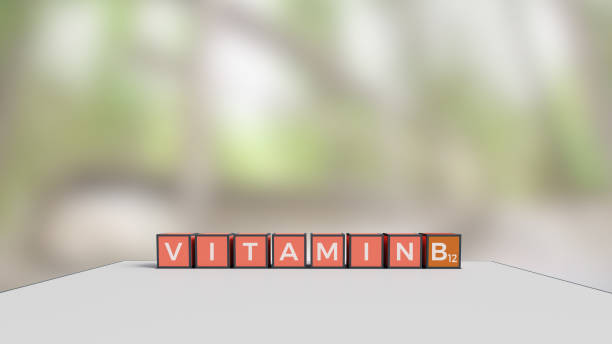 color cubes with message vitamin b12 on blurred background stock 3d rendering banner illustration - organic single word environment block imagens e fotografias de stock