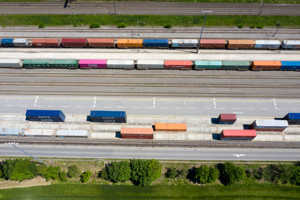 istock Rail Business, Freight Train Cargo, Cargo Containers, Aerial View 1281316900