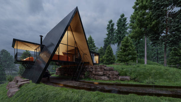 istock Modern House with an A Frame Design on a Rainy Day 1281316967