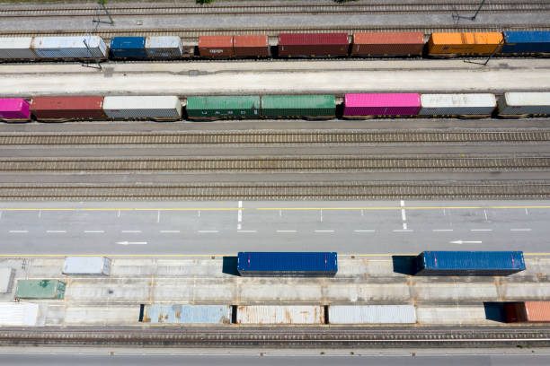 istock Aerial View of Rail Yard, Cargo Containers 1281317599