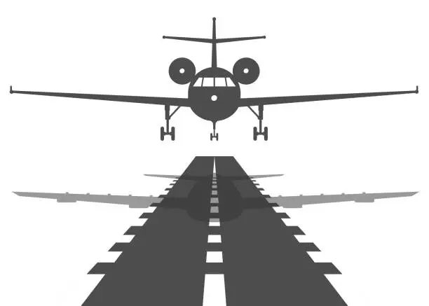 Vector illustration of Passenger plane fly up over take-off runway from airport. Flat design illustration