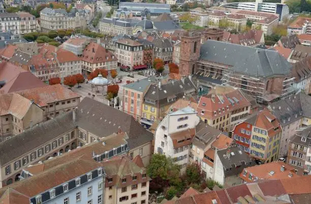 Photo of Rooftops of the old city of Belfort. Aerial view of the historic houses and buildings.