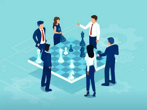 Vector illustration of Vector of business men and women playing chess game brainstorming a strategy for success