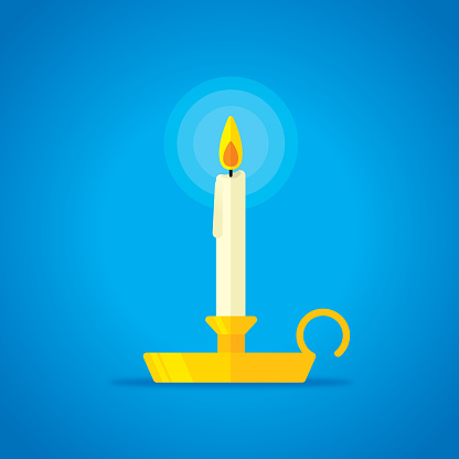 Vector illustration of a candle in a candlestick holder against a blue background in flat style.