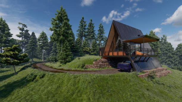 istock Triangle Shaped House with a Garage and Balcony in Natural Daylight 1281319578