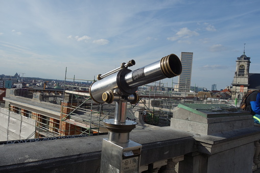 Brussels, Belgium - August 4, 2020: Tower viewer or coin operated monocular telescope for tourist