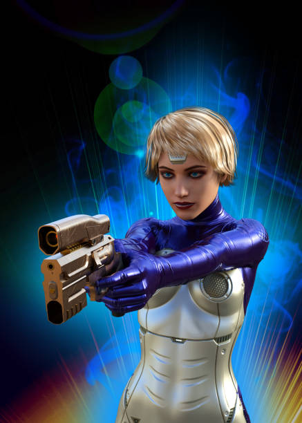 istock Futuristic soldier with gun, 3d illustration 1281320904