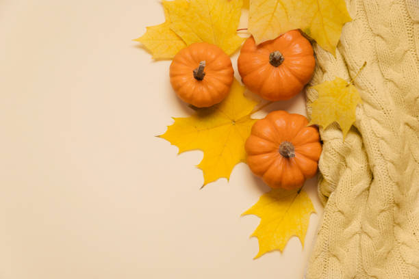 istock Pumpkins and maple leaves on a yellow background. top view layout, autumn composition with copy space. Holiday card template 1281323282