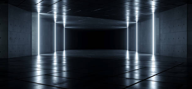 istock Neon Glowing Laser Electric Pillars Underground Sci Fi Concrete Cement Background Dark Reflective Showroom Parking White Lights Modern Elegant 3D Rendering 1281323424