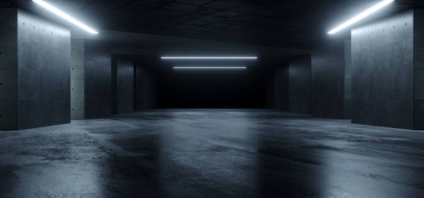 unterirdisch sci fi beton zement hintergrund dunkel reflektierenden showroom parkplatz weiß lichter moderne elegante 3d-rendering - belton hall stock-fotos und bilder