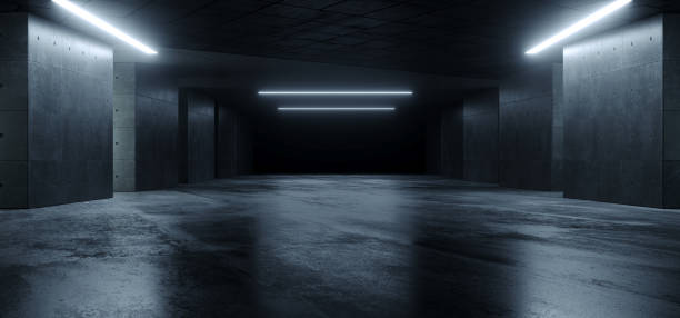 underground sci fi cemento cemento sfondo scuro riflettente showroom parcheggio luci bianche moderno elegante rendering 3d - hangar foto e immagini stock