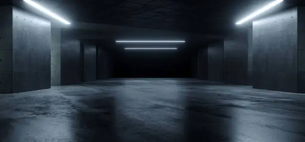 Underground Sci Fi Concrete Cement Background Dark Reflective Showroom Parking White Lights Modern Elegant 3D Rendering Illustration