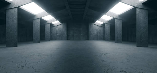 istock Alien Spaceship Sci Fi Concrete Rough Cement Garage Tunnel Corridor Warehouse Showroom Underground Futuristic Modern Background 3D Rendering 1281323529