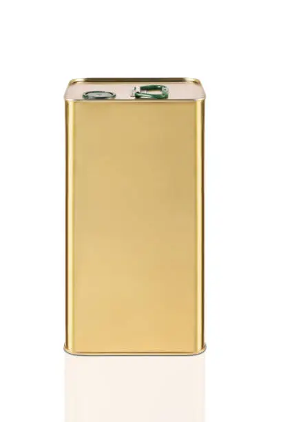 Photo of Gold colored oil tin can on the white background