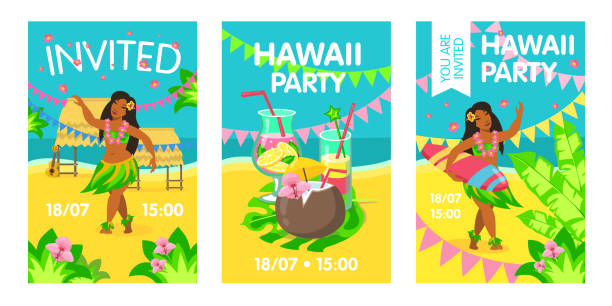 Hawaii invitation card with woman on beach Hawaii invitation card with woman on beach. Hawaii, cocktail, surfing, party. Vector illustration can be used for invitations, posters, advertising grass skirt stock illustrations