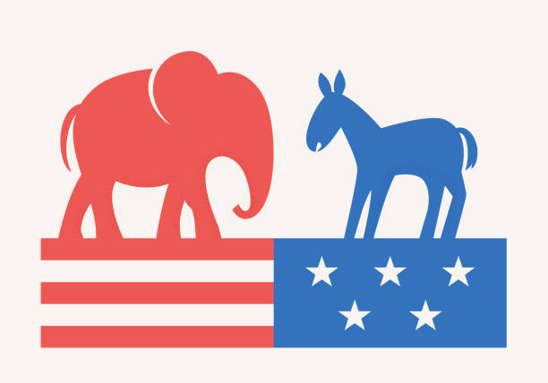 공화당과 민주당의 코끼리와 당나귀 상징. 미국 선거 캠페인. 플랫 벡터 일러스트레이션 - political party stock illustrations