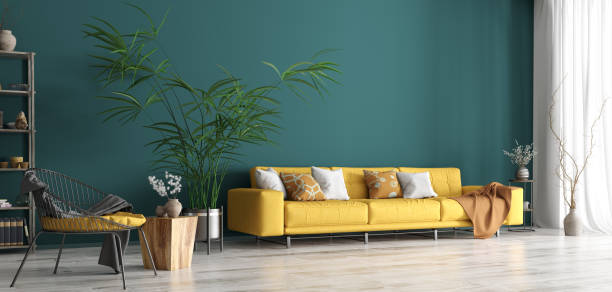 istock Interior design of living room with yellow sofa 3d rendering 1281326948
