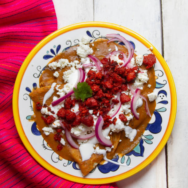 istock Mexican enfrijoladas with chorizo and cheese on white background 1281327369