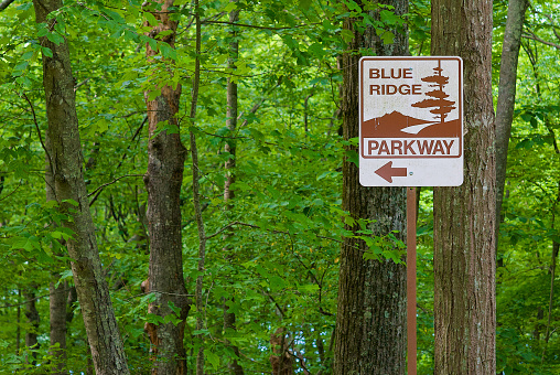 A metal directional sign points the way to the Blue Ridge Parkway.