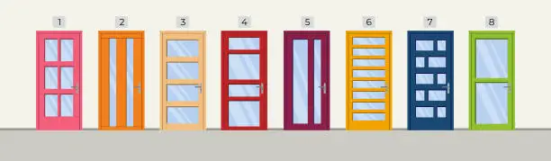 Vector illustration of Set door icon. Cartoon colourful front doors.. Vector illustration in minimalistic flat design style.