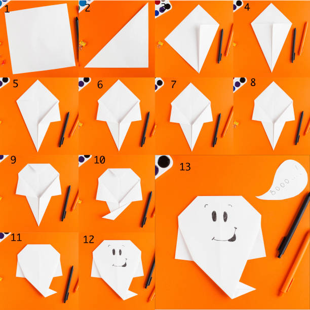 Collage with step-by-step instructions for making paper crafts for a fun Halloween party. Collage with step-by-step instructions for making paper crafts for a fun Halloween party. High quality photo origami instructions stock pictures, royalty-free photos & images