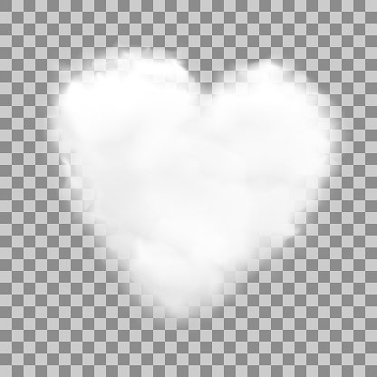 Realistic heart shaped white cloud with transparency, vector illustration