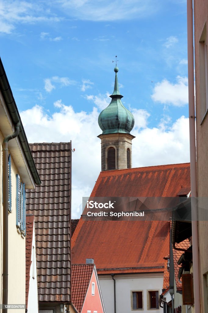 Old town view, Rottenburg am Neckar View of the tower of catholic Dom church St. Martin, Rottenburg am Neckar, near Tübingen, Baden-Württemberg. Ancient Stock Photo