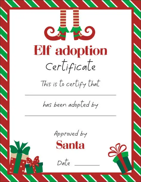 Vector illustration of Elf adoption cerificate template with cute elf legs and christmas gifts on white background.