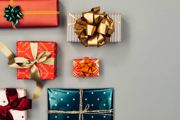 istock Merry Christmas: Colourful Christmas Presents in a Flat Lay Composition 1281336921