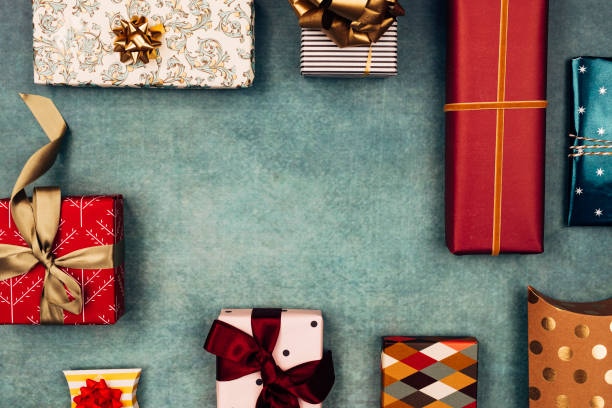istock Merry Christmas: Colourful Christmas Presents in a Flat Lay Composition 1281336925