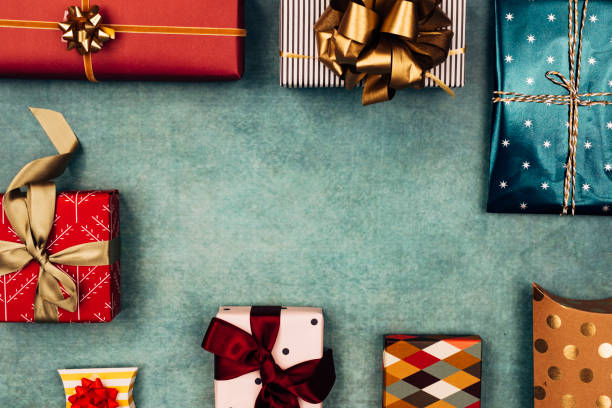istock Merry Christmas: Colourful Christmas Presents in a Flat Lay Composition 1281336931