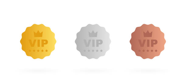 Set VIP badges in gold, silver and bronze color. Round label with three vip level. Modern vector illustration Set VIP badges in gold, silver and bronze color. Round label with three vip level. Modern vector illustration. dental gold crown stock illustrations