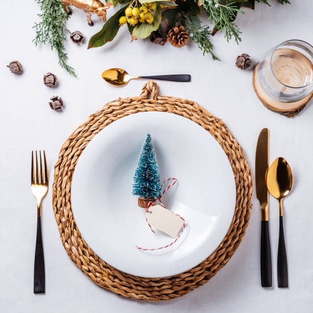 Elegant Christmas place settings, Pine tree figurine on the dish from above
